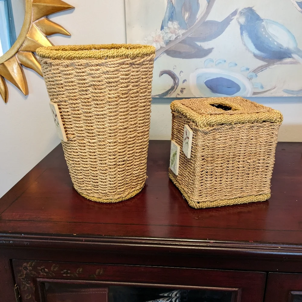 Woven Wicker Trash Can & Tall Tissue Box Cover Bohemian EUC Floral Tiles 2 Pcs